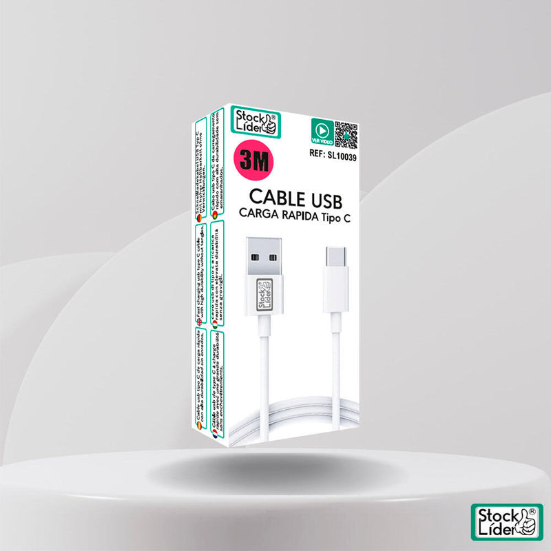 Cabo USB Tipo C 3m – Rápido, Resistente e Compatível